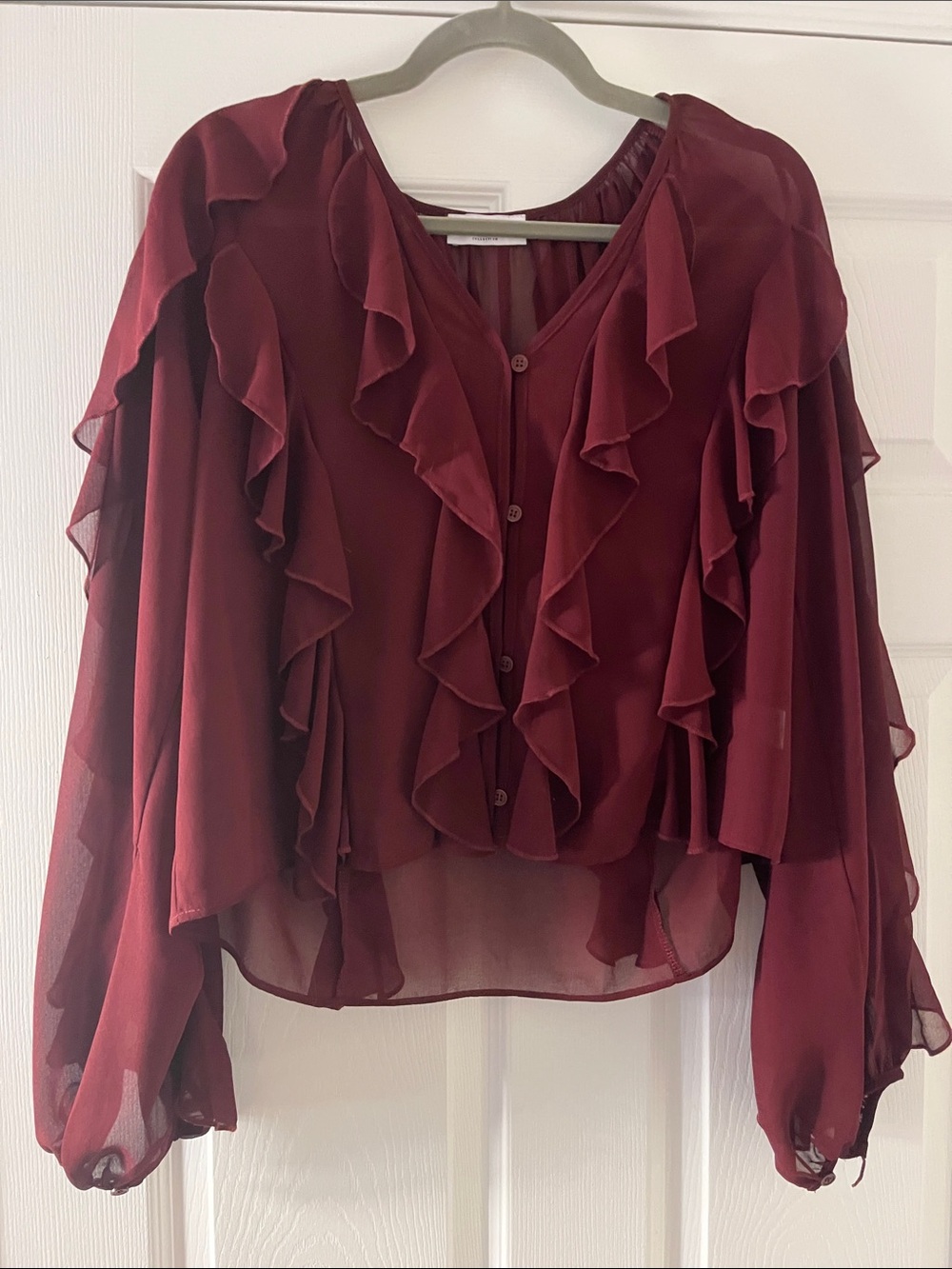 Boutique Romantic Burgundy Ruffled Long Sleeve Blouse
